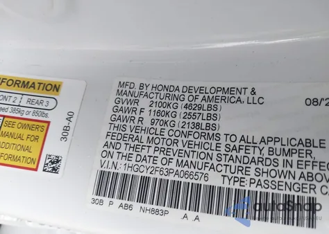 2023 Honda Accord Hybrid Ex-L z USA, uszkodzony, nr VIN 1HGCY2F63PA066576